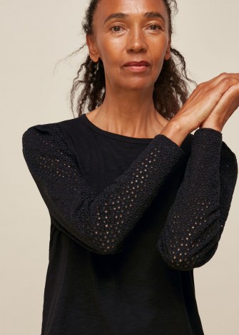 WHISTLES LONG SLEEVE BRODERIE TOP BLACK