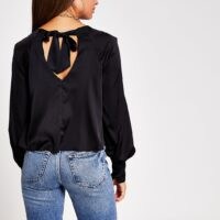 River Island Black Ls Balloon Sleeve Luxe Top | tie back detail tops