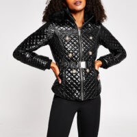 RIVER ISLAND Black padded belt jacket ~ glossy quilted jackets ~ high shine autumn / winter outerwear