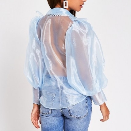 River Island Blue Puff Sleeve Organza Shirt | sheer voluminous shirts