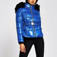 RIVER ISLAND Blue quilted double zip padded coat ~ hooded winter jackets ~ belted faux fur jacket ~ stylish padded coats