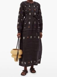 VITA KIN Camomiles belted linen dress in black / folk inspired dresses