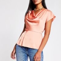 RIVER ISLAND Coral Ss Cowl Neck Top – short sleeve satin look tops