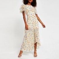 RIVER ISLAND Cream floral frill sleeve maxi dress / open back dresses / romantic vintage style dresses