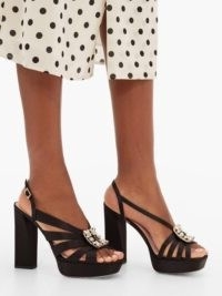 ROGER VIVIER Crystal-buckle black satin platform sandals ~ embellished buckle platforms