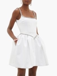 CHRISTOPHER KANE Cupcake crystal-embellished white satin mini dress ~ structured clothing ~ fitted bodice with voluminous skirt