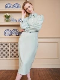 SISTER JANE Sorbet Midi Pencil Dress Hemlock Green ~ oversized pointed collar dresses ~ puff sleeve fashion