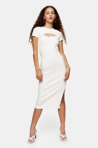 TOPSHOP Ecru Asymmetric Ribbed Midi Dress ~ front cut out bodycon ~ party dresses