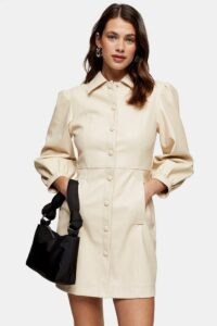 TOPSHOP Ecru PU Shirt Dress – faux leather puff sleeve dresses