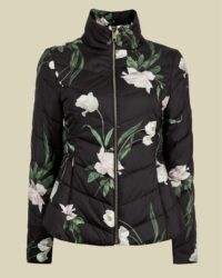 ADAENA Elderflower padded packaway jacket in black / floral quilted funnel neck jackets