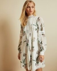 TED BAKER LEYORA Elderflower smock dress in white / vintage look long sleeve high neck dresses