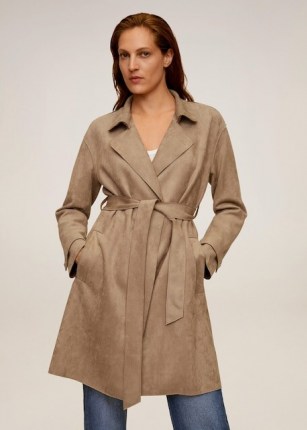 MANGO Nana Faux-suede trench light / pastel grey – belted suedette fabric coats – tie waist outerwear