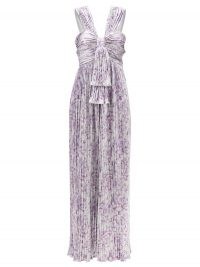 PACO RABANNE Floral-print metallic-plissé dress in silver and purple / luxe gowns