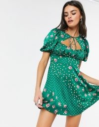 For Love and Lemons Cypress satin mini dress in green floral print ~ ruched bust dresses ~ puff sleeve fashion ~ cut out front and back