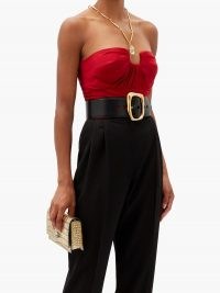 ALEXANDER MCQUEEN Gathered silk-satin bustier top in red ~ strapless evening tops ~ fitted event wear ~ ruched design ~ gathered detail