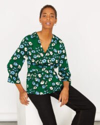 JIGSAW GRAPHIC POPPY WRAP TOP EVERGREEN / green floral tops