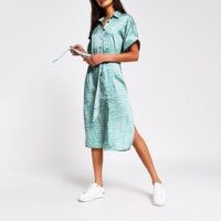 RIVER ISLAND Green animal print shirt midi dress / side split day dresses