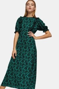 TOPSHOP Green Daisy Midi Ruffle Tea Dress / puff sleeve dresses / ruffled detail fashion