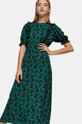 TOPSHOP Green Daisy Midi Ruffle Tea Dress / puff sleeve dresses / ruffled detail fashion