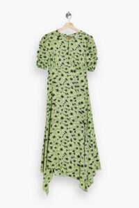 TOPSHOP Green Daisy Print Ruched Sleeve Midi Dress ~ handkerchief hemline dresses