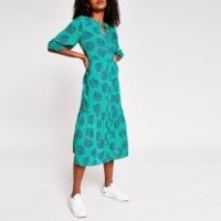 RIVER ISLAND Green floral button down dress ~ loose fit day dresses