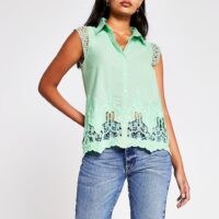 RIVER ISLAND Green Ss Broderie Trim Shirt – short sleeve cut out shirts