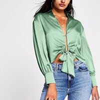 RIVER ISLAND RIVER ISLAND Green Tie Front Shirt – plunging satin look shirts – open detail blouse