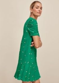 Whistles ROMANTIC FLORAL GEORGINA DRESS in Green / Multi – pretty ruched sleeve frock