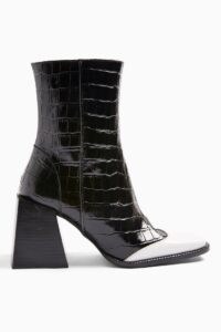 TOPSHOP HEAVEN Leather Black And White Block Boots Monochrome ~ croc embossed ~ flared block heel boot ~ chunky heels