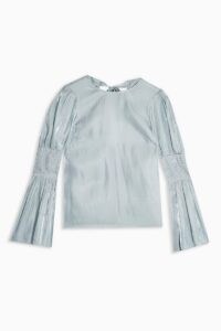 TOPSHOP Ice Blue Liquid Satin Top – fluid fabrics – high shine smocked sleeve tops