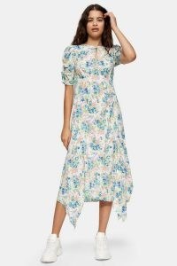 TOPSHOP Ivory Floral Ruched Sleeve Midi Dress / handkerchief hem dresses / vintage look fashion / open back detail