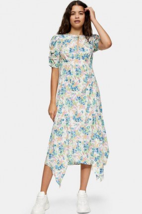 TOPSHOP Ivory Floral Ruched Sleeve Midi Dress / handkerchief hem dresses / vintage look fashion / open back detail