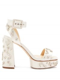 JIMMY CHOO Jax 115 crystal-embellished satin platform sandals / floral embellishments / sparkling platforms