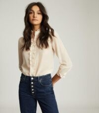 Reiss JEMMA RUFFLE DETAILED BLOUSE BLUSH – frill trimmed blouses – essential tops for a feminine wardrobe