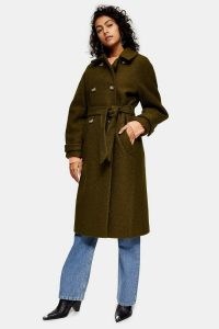 Topshop Khaki Boucle Trench Coat | dark green tie waist coats | autumn colours | fall outerwear