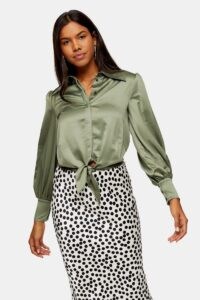 TOPSHOP Khaki Collar Satin Knot Front Top ~ green knotted waist shirts