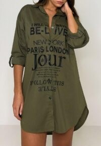 Missguided khaki printed roll sleeve shirt dress – dark green casual slogan print dresses