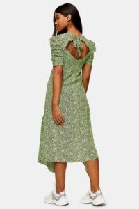 TOPSHOP Lime Green Animal Print Ruched Sleeve Midi Dress ~ open back vintage style dresses ~ draped hemlines