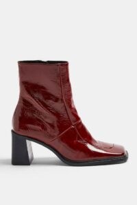 TOPSHOP MILAN Red Block Leather Boots ~ glossy square toe boot ~ block heel