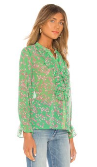 MISA Los Angeles Lillie Top Pink Mini Blooms ~ green front ruffle blouse