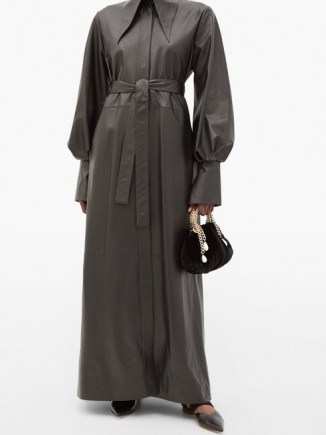 16ARLINGTON Namika belted black leather maxi shirt dress ~ exaggerated point collar ~ voluminous long sleeves ~ balloon sleeve dresses