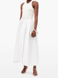 JIL SANDER Nastya linen-blend midi skirt in white ~ gathered waist skirts ~ uneven hemlines