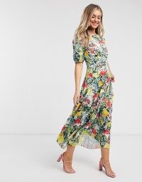 Never Fully Dressed puff sleeve midaxi dress in tropical floral print / drop waist dresses