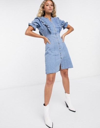 Object denim mini dress with button front and frill detail in light blue | casual ruffle trimmed dresses | weekend style