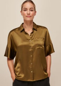 Whistles RELAXED SILK SATIN SHIRT in OLIVE – wardrobe essentials – silky shirts