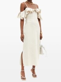 JACQUEMUS Pampelonne off-the-shoulder cotton-blend dress in beige ~ spaghetti strap side slit dresses ~ ruffle trim evening wear