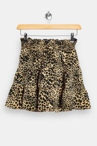 TOPSHOP PETITE Camel Shirred Animal Print Mini Skirt / printed gathered skirts