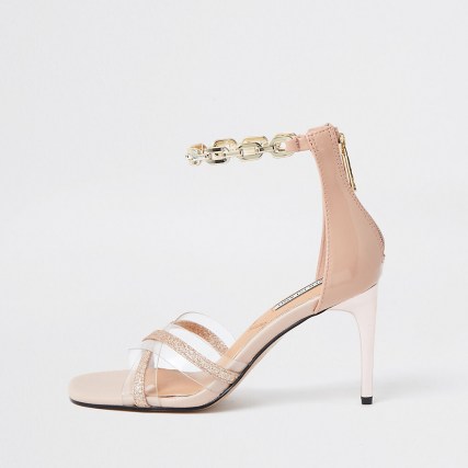 RIVER ISLAND Pink perspex detail sandal ~ barely there high heels ~ chain ankle strap sandals