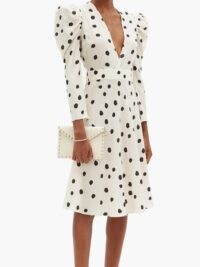 ADRIANA DEGREAS Plunge-neck polka-dot poplin midi-dress in ivory ~ monochrome event dresses ~ dramatic balloon sleeves ~ front plunge evening wear