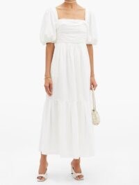 SELF-PORTRAIT Puff-sleeved taffeta dress in white ~ square neck ruched bodice dresses ~ feminine clothing ~ puffed sleeves ~ puff sleeve